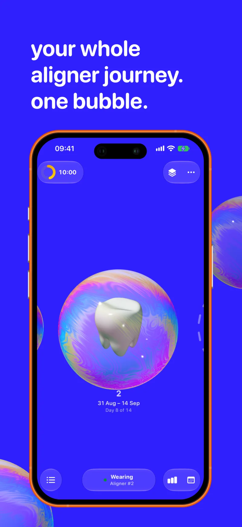 Alinear home screen with the current aligner as a bubble and the wear timer