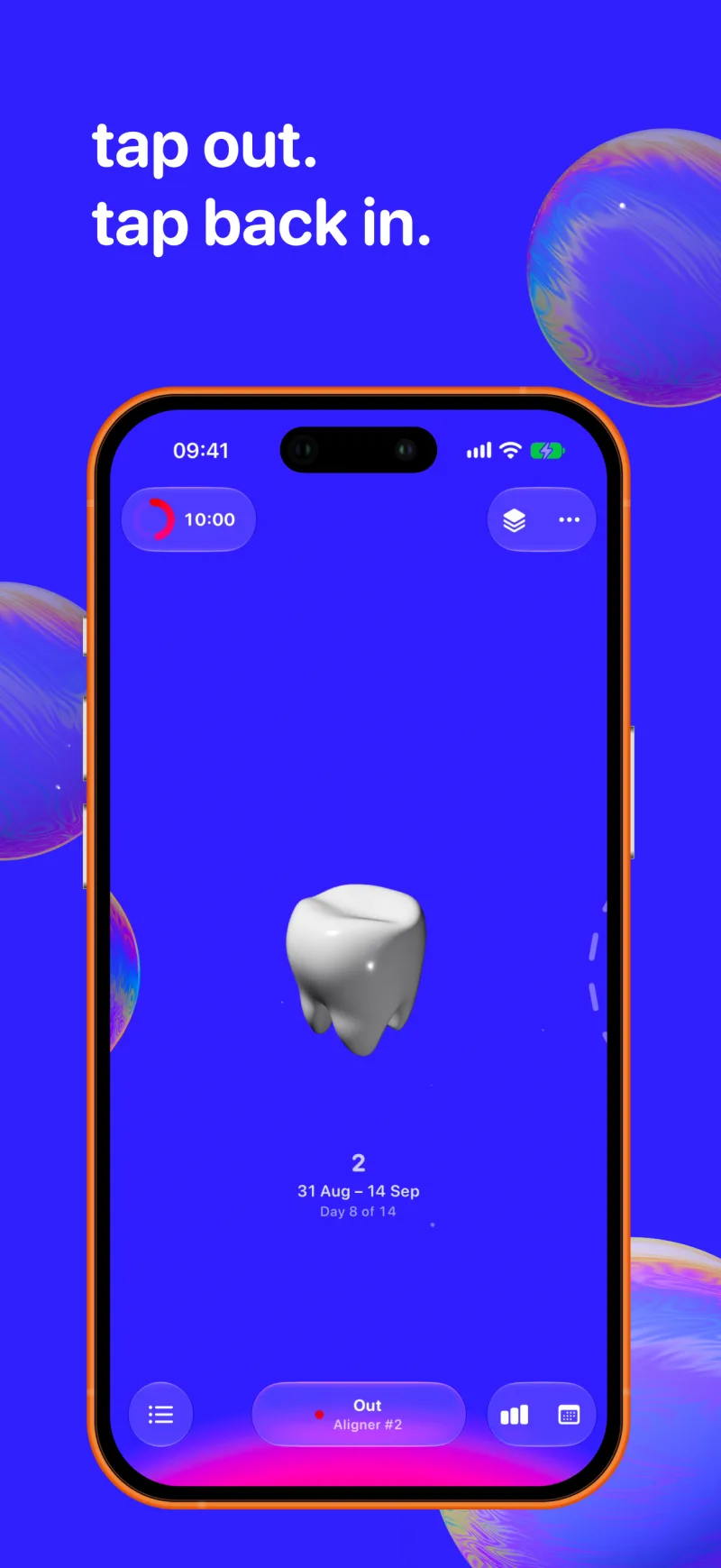 Aligners out — the bubble pops and the timer pauses