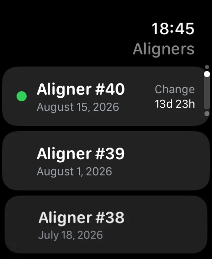 The aligner list on Apple Watch